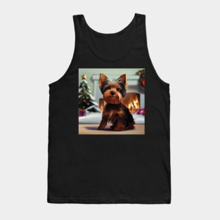 Cute Yorkshire Terrier Puppy by the Christmas Fireside Tank Top